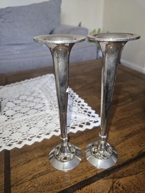 Silver-Tone Pair of Decorative Bud Vases